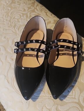 Black Pointed Patent Mary Jane Flats with Studded Double Straps